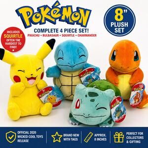 Pokemon Plush Set 8” Pikachu Bulbasaur Charmander Squirtle NWT